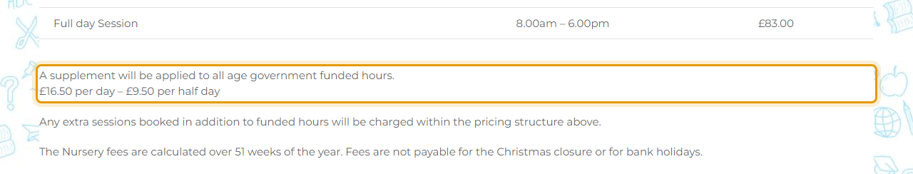 The fees as published on abacus-daynursery.co.uk/our-nursery/nursery-fees