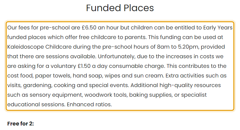 The fees as published on kaleidoscopechildcare.uk/funded-places