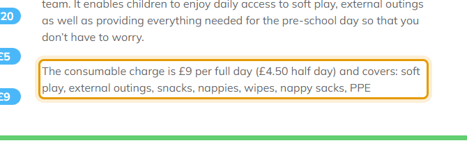 The fees as published on kids2day.co.uk/pre-school-funding-fees