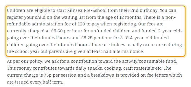The fees as published on kilnseapreschool.co.uk/about-3