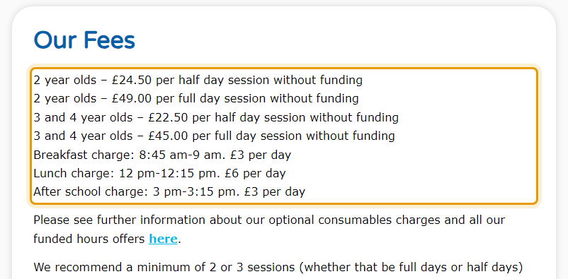 The fees as published on kinderpreschools.com/our-fees