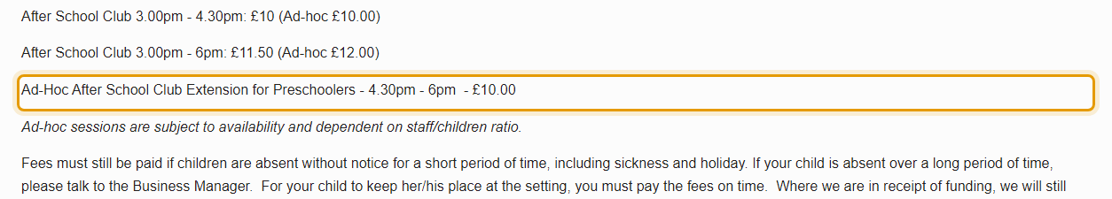 The fees as published on astonpreschoolderby.com/prices