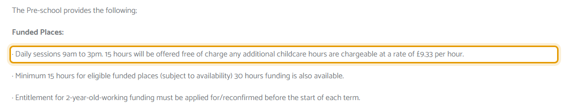 The fees as published on lavenderlanepreschool.co.uk/fees-funding