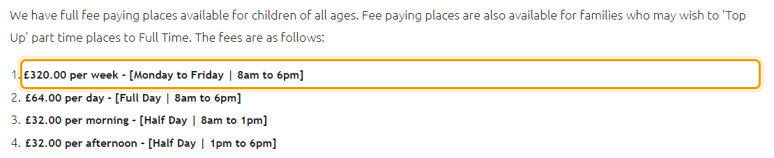 The fees as published on lionheartchristiannursery.co.uk/sessions-fees
