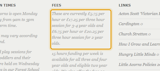 The fees as published on littleacornsrushbury.org.uk