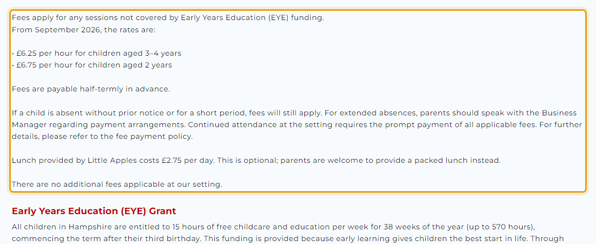 The fees as published on littleapples.org/fees.html