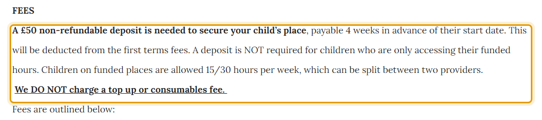 The fees as published on littleleavespreschool.weebly.com/fees--funding.html