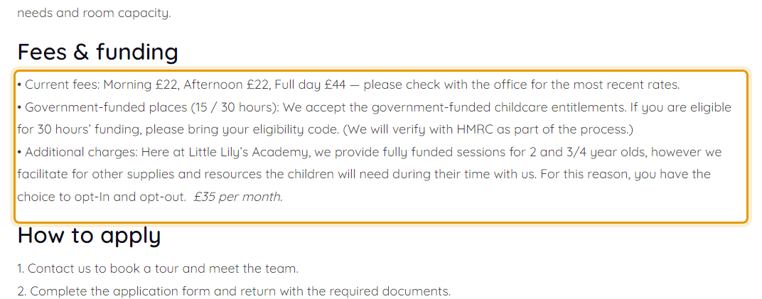 The fees as published on littlelilys.co.uk/admission-and-fees