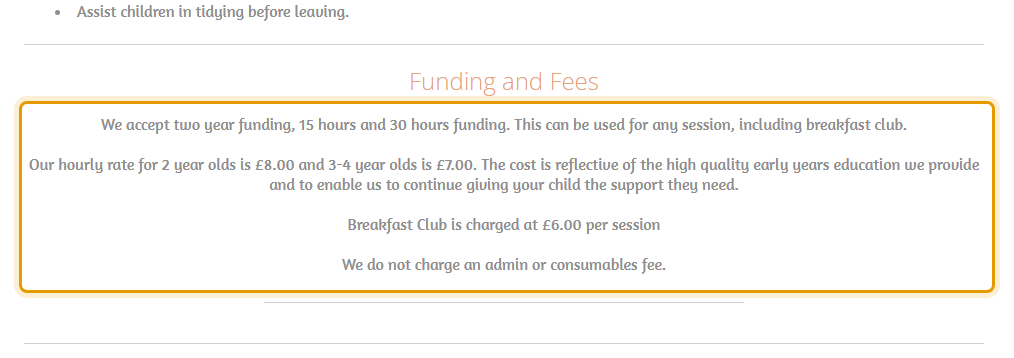 The fees as published on lydlynchpreschool.weebly.com/sessions.html