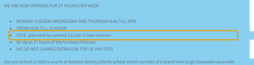 The fees as published on newtonsolneypreschool.co.uk