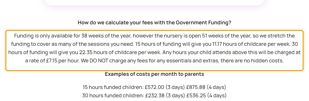 The fees as published on nlcnursery.org.uk/times-fees