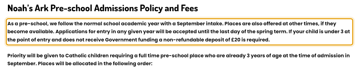 The fees as published on noahsark-preschool.org.uk/fees-admissions