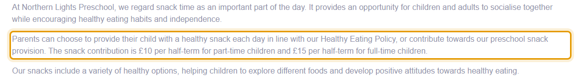 The fees as published on northernlightspreschool.co.uk/our-preschool/our-fees