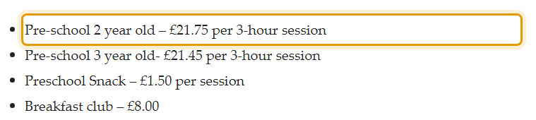 The fees as published on nwpreschool.org.uk/fees