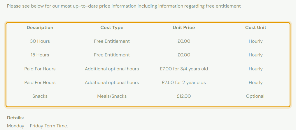 The fees as published on my.berinsfield-preschool.uk/ps/2023/07/17/fees