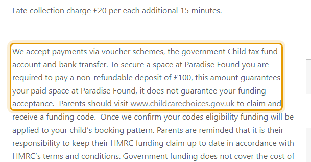 The fees as published on paradisefoundnursery.co.uk/our-fees