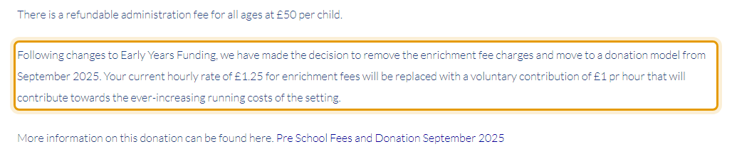 The fees as published on perins-preschool.net/sessions-and-fees