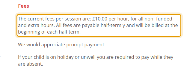 The fees as published on pkpreschool.co.uk/admissions