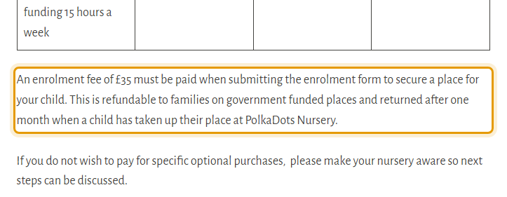 The fees as published on polkadotsnursery.com/home/fees-2