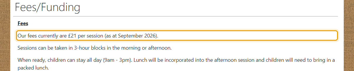 The fees as published on poplarpreschool.co.uk/parent-info/feesfunding