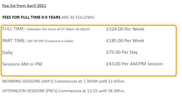 The fees as published on preschoolplayhouse.co.uk/fees_times