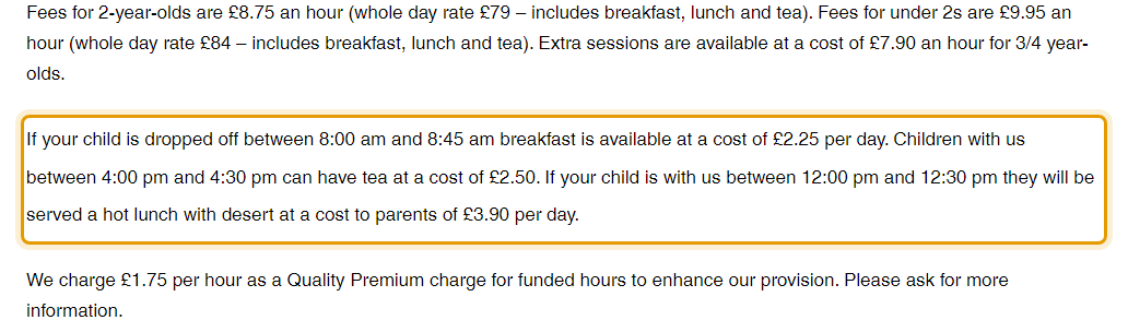 The fees as published on shootingstarsnurseryschool.co.uk/about