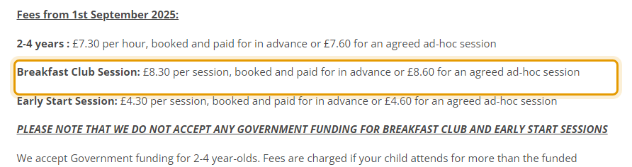 The fees as published on southmoretonpreschool.co.uk/hours-sessions-fees