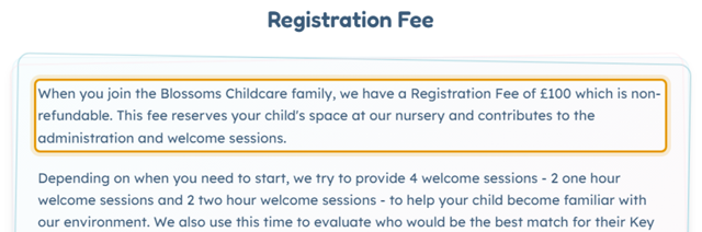 The fees as published on blossomschildcarenursery.co.uk/our-fees