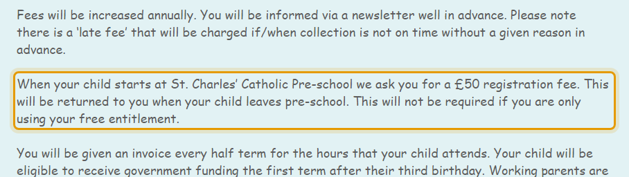 The fees as published on stcharlescatholicpreschool.co.uk/classes