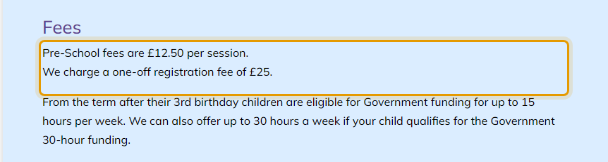 The fees as published on thecommunitypreschool.co.uk/sessions-fees