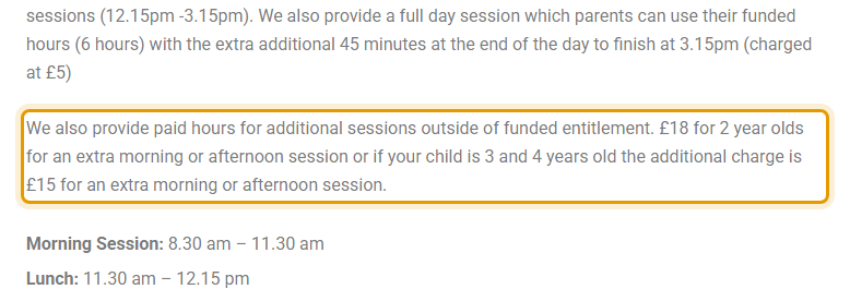 The fees as published on thelifenursery.co.uk/sessions-fees