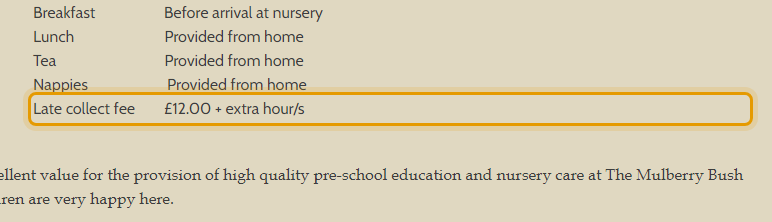 The fees as published on themulberrybushnursery.co.uk