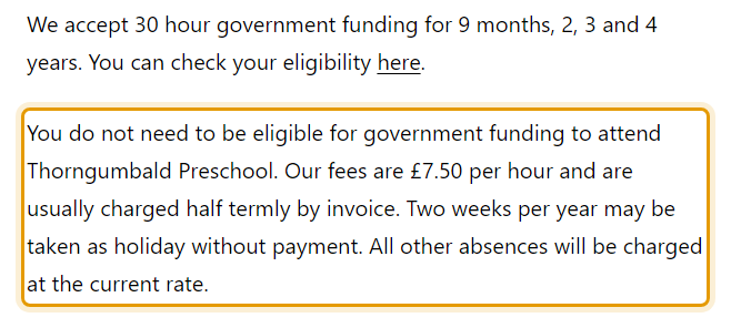 The fees as published on thorngumbaldpreschool.com/opening-hours-and-pricing