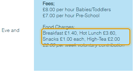 The fees as published on top-bananas-pre-school.co.uk