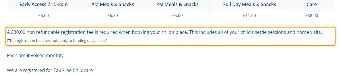 The fees as published on watersedgechildrensnursery.co.uk/fees-opening-hours