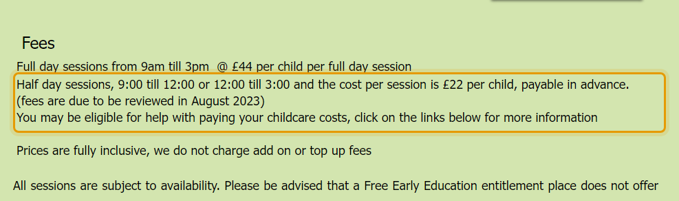 The fees as published on westsidepreschool.co.uk/services1