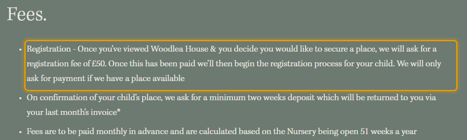 The fees as published on woodleahousedaynursery.com/fees