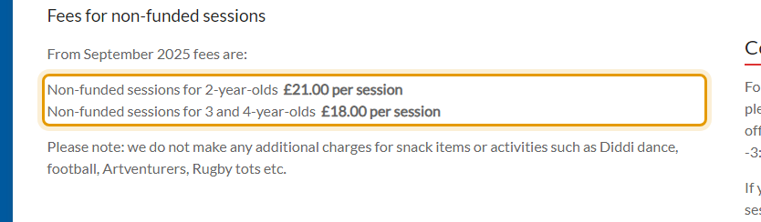 The fees as published on wroughtonpreschool.co.uk/funding-and-fees