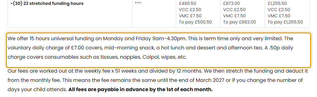 The fees as published on acorn-nursery.co.uk/nursery-fees