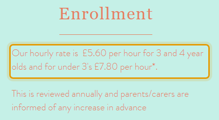 The fees as published on acorn-preschool.co.uk/admissions