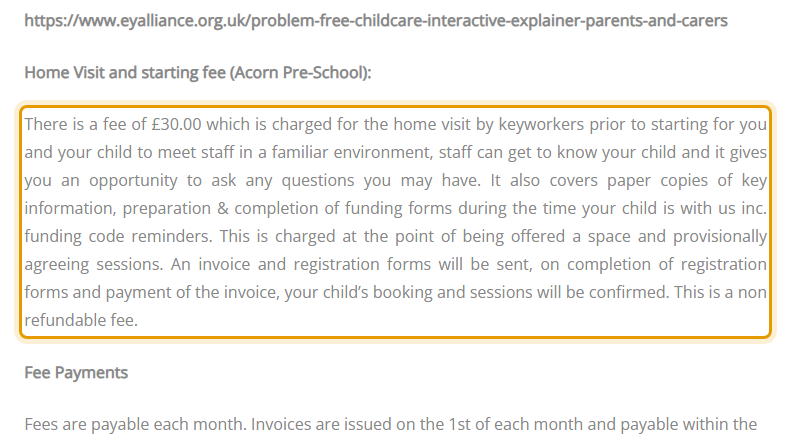 The fees as published on acornpre-school.co.uk/acorn/times-dates-fees