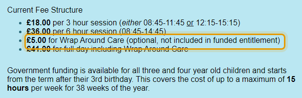 The fees as published on acornpreschool.org.uk/about-us/sessions-fees