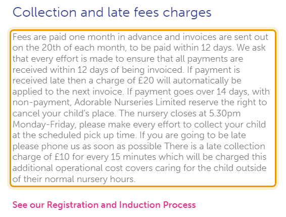 The fees as published on adorablenurseries.co.uk/fees