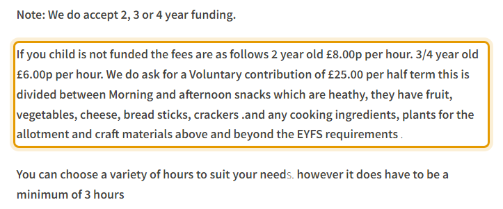 The fees as published on all-saints-play-group.com/timetable