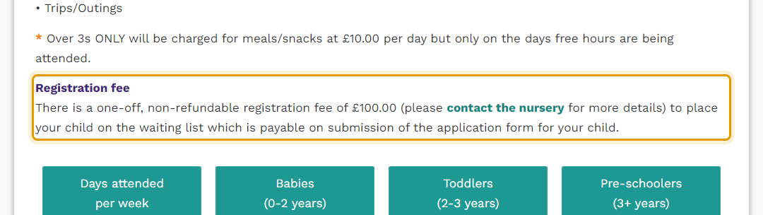The fees as published on arcnursery.com/our-fees