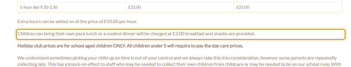 The fees as published on arkdaynursery.org.uk/fees