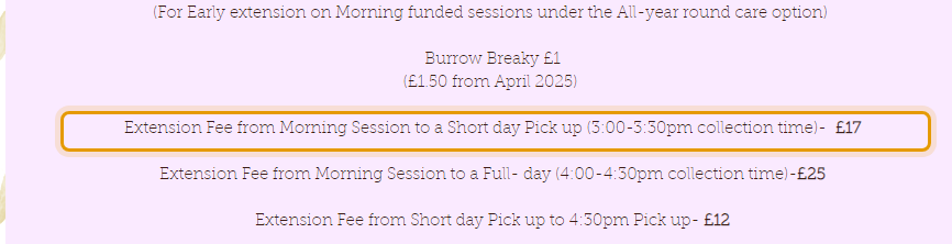 The fees as published on barleyburrowcreativechildcare.com/fee-s-and-payments