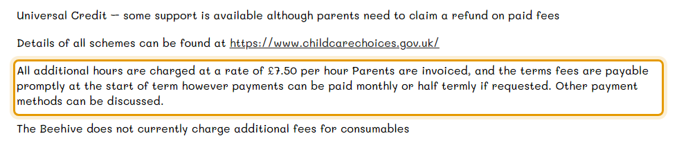 The fees as published on beehive-alton.co.uk/opening-times-and-fees