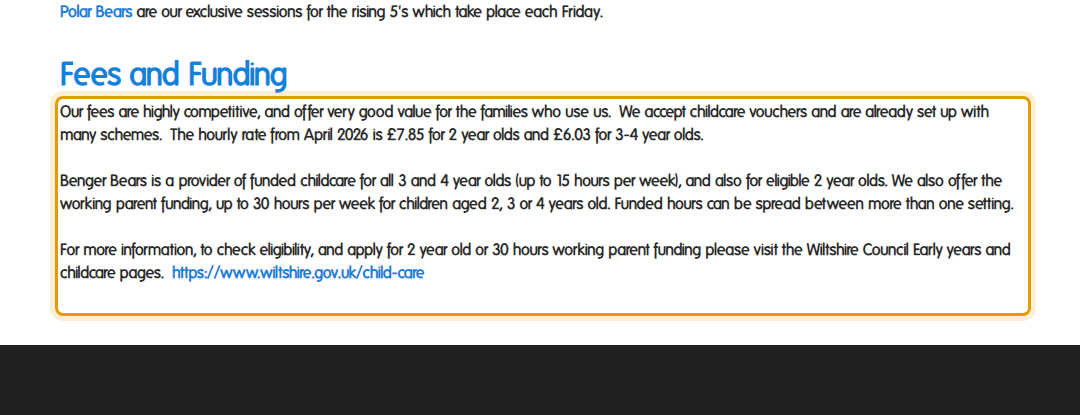 The fees as published on bengerbears.co.uk/sessions-and-fees.html
