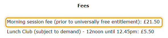 The fees as published on birdwood-nursery.co.uk